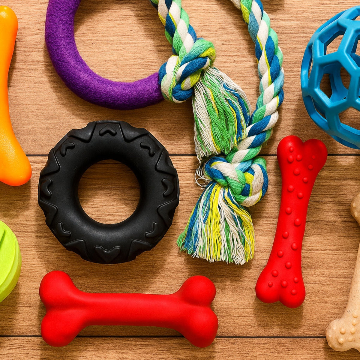 Durable dog toys for aggressive chewers on a wooden background