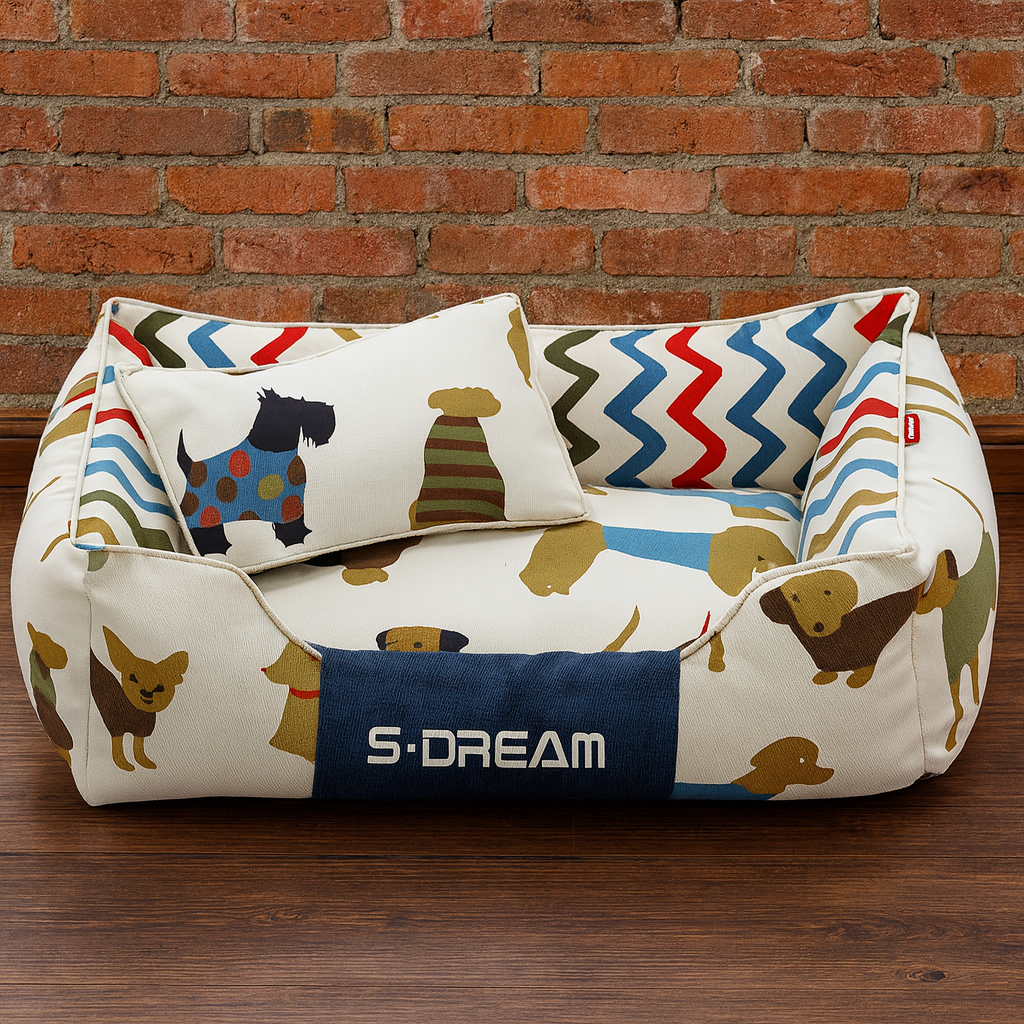 Cozy S-DREAM  Bed with Colorful Puppy Print – Soft Cushion