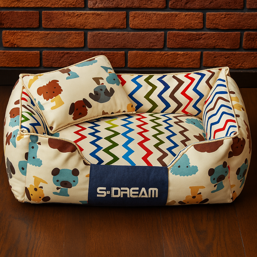 Cozy S-DREAM  Bed with Colorful Puppy Print – Soft Cushion