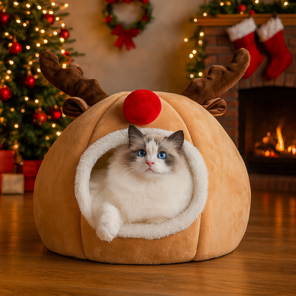 Christmas Reindeer Pet Tent | Cozy Cat Cave & Small Dog Bed