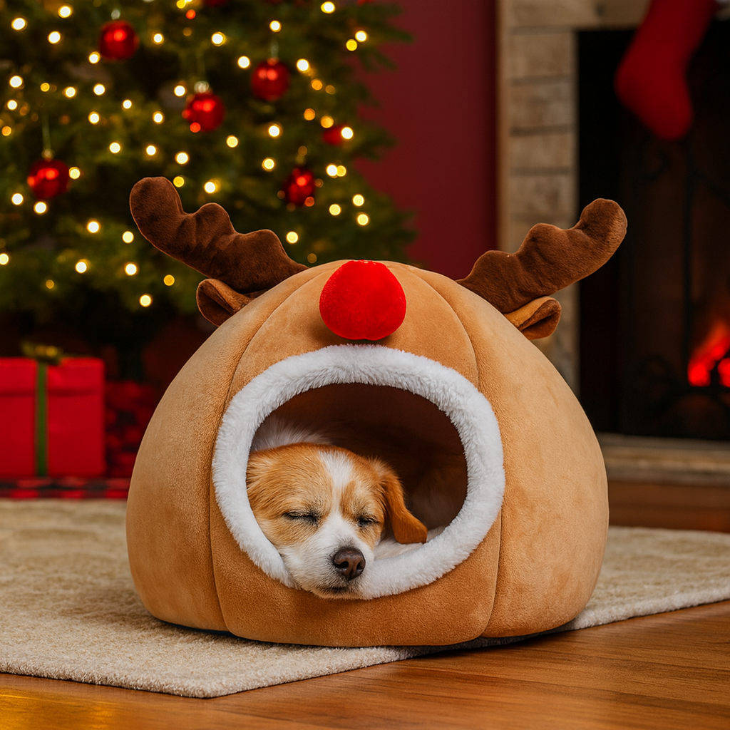 Christmas Reindeer Pet Tent | Cozy Cat Cave & Small Dog Bed