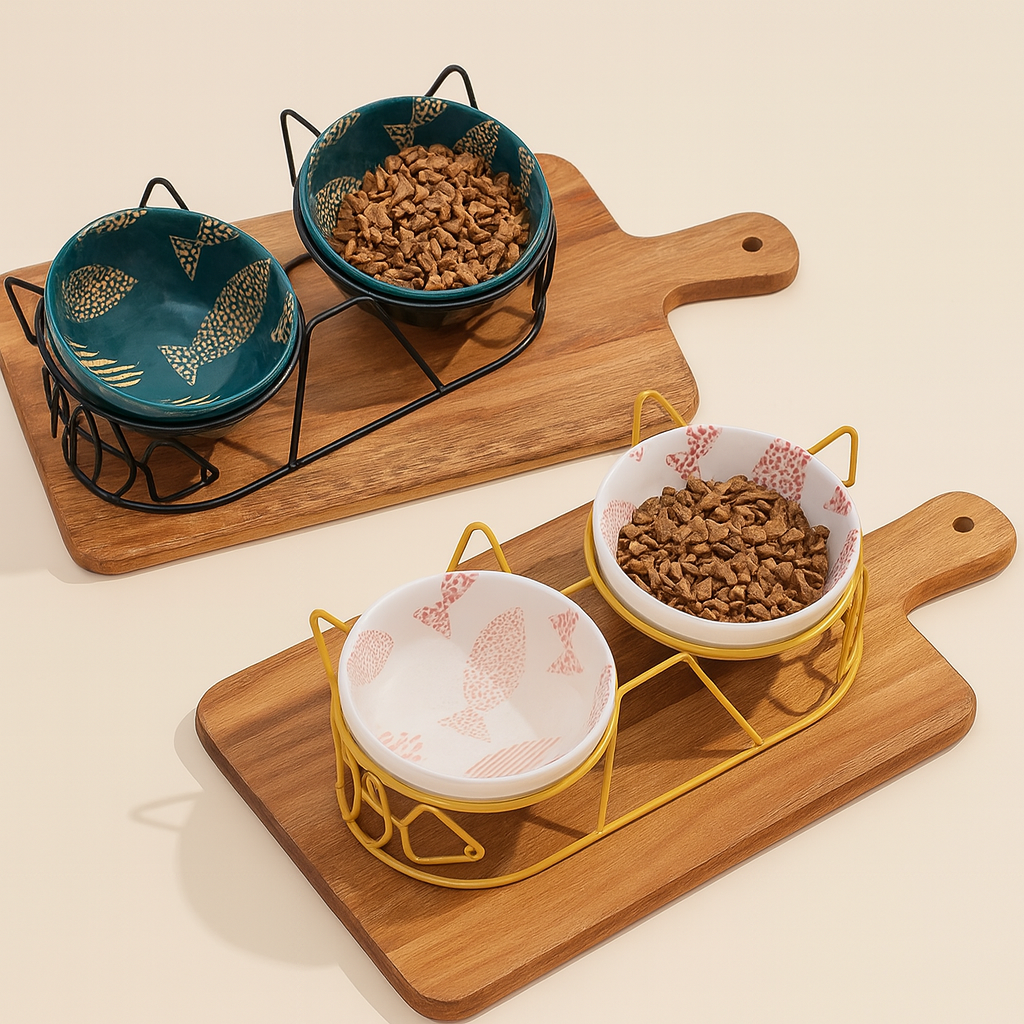 Ceramic Elevated Cat Bowls with Metal Stand