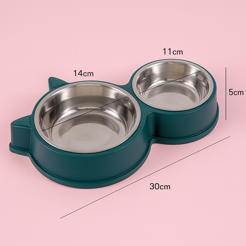 Double Cat-Ear Pet Bowl – Plastic & Stainless Steel
