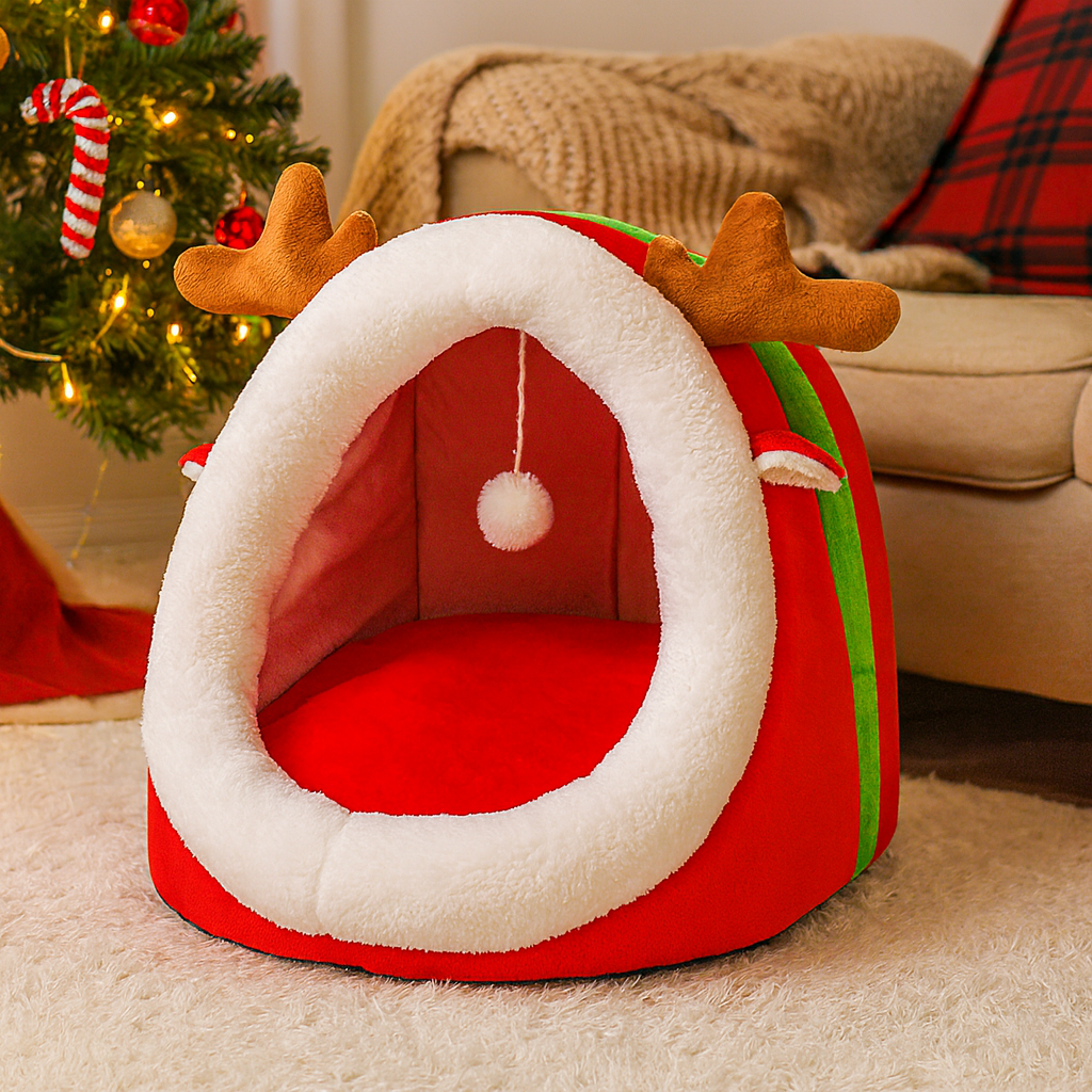Festive Red Plaid Cozy Nest – Holiday Pet Bed for Small Dogs & Cats
