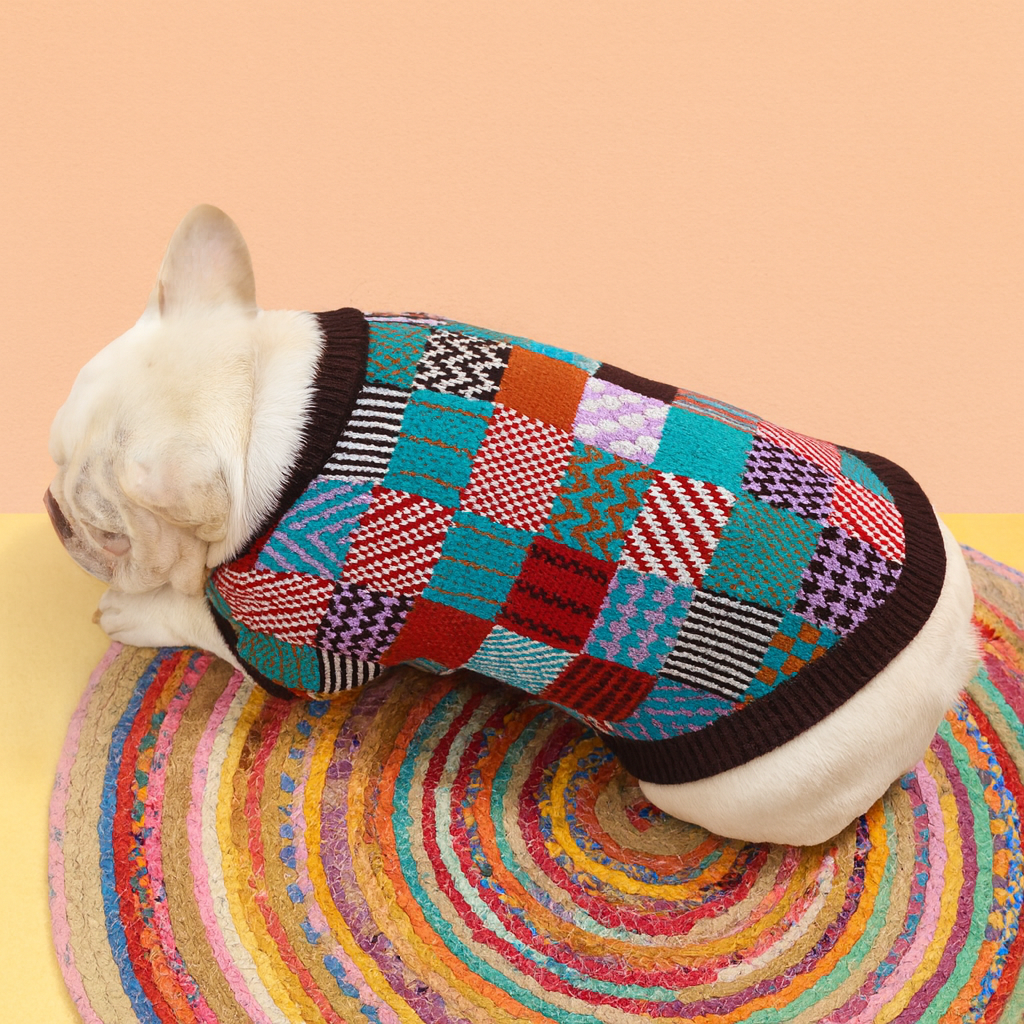Cozy Patchwork Knit Sweater for Dogs – Colorful & Comfy Winter Outfit