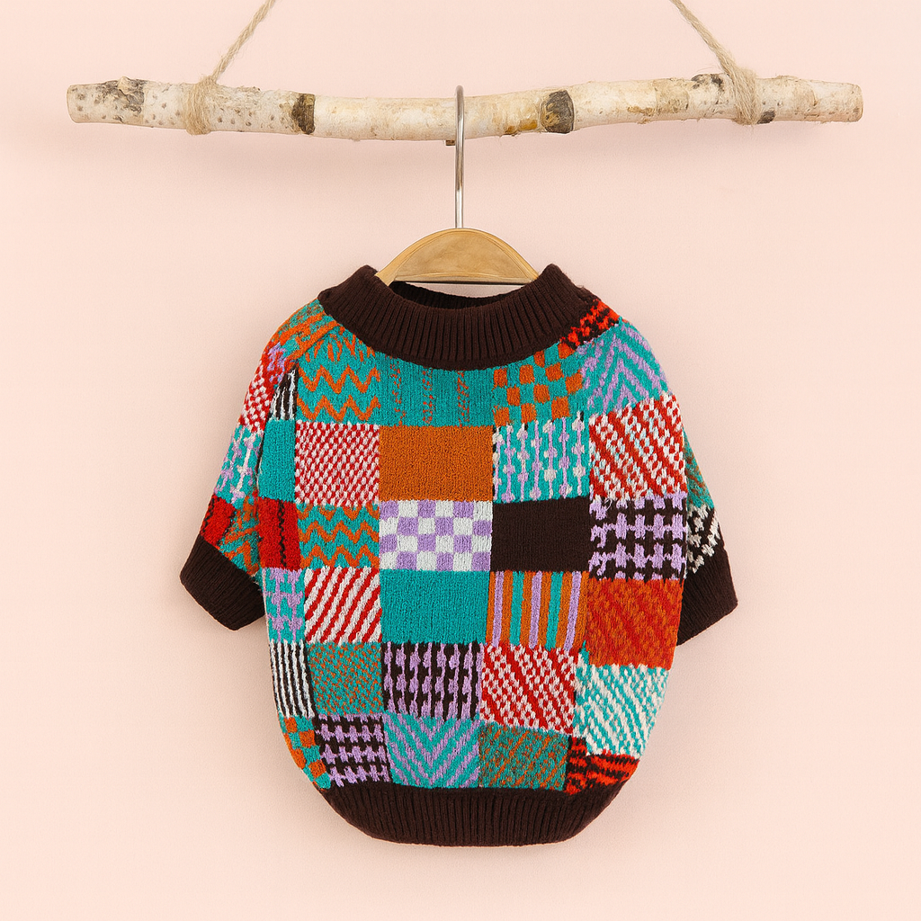 Cozy Patchwork Knit Sweater for Dogs – Colorful & Comfy Winter Outfit