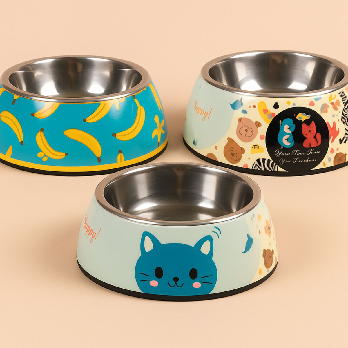 Non-Slip Pet Bowl – Cute Melamine Design + Stainless Steel Insert