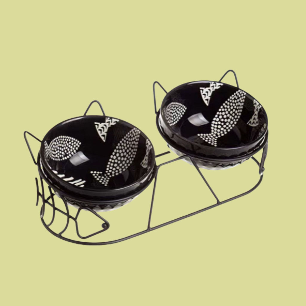 Ceramic Elevated Cat Bowls with Metal Stand