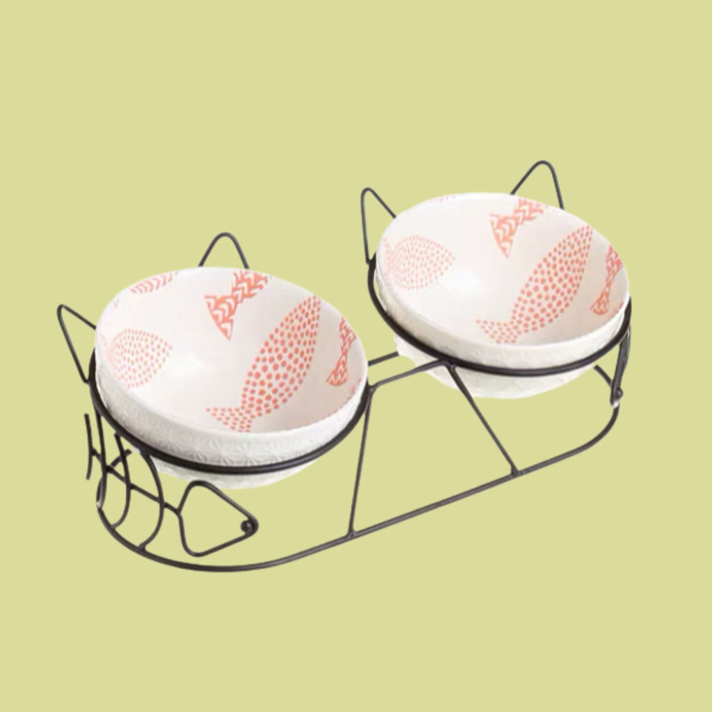 Ceramic Elevated Cat Bowls with Metal Stand