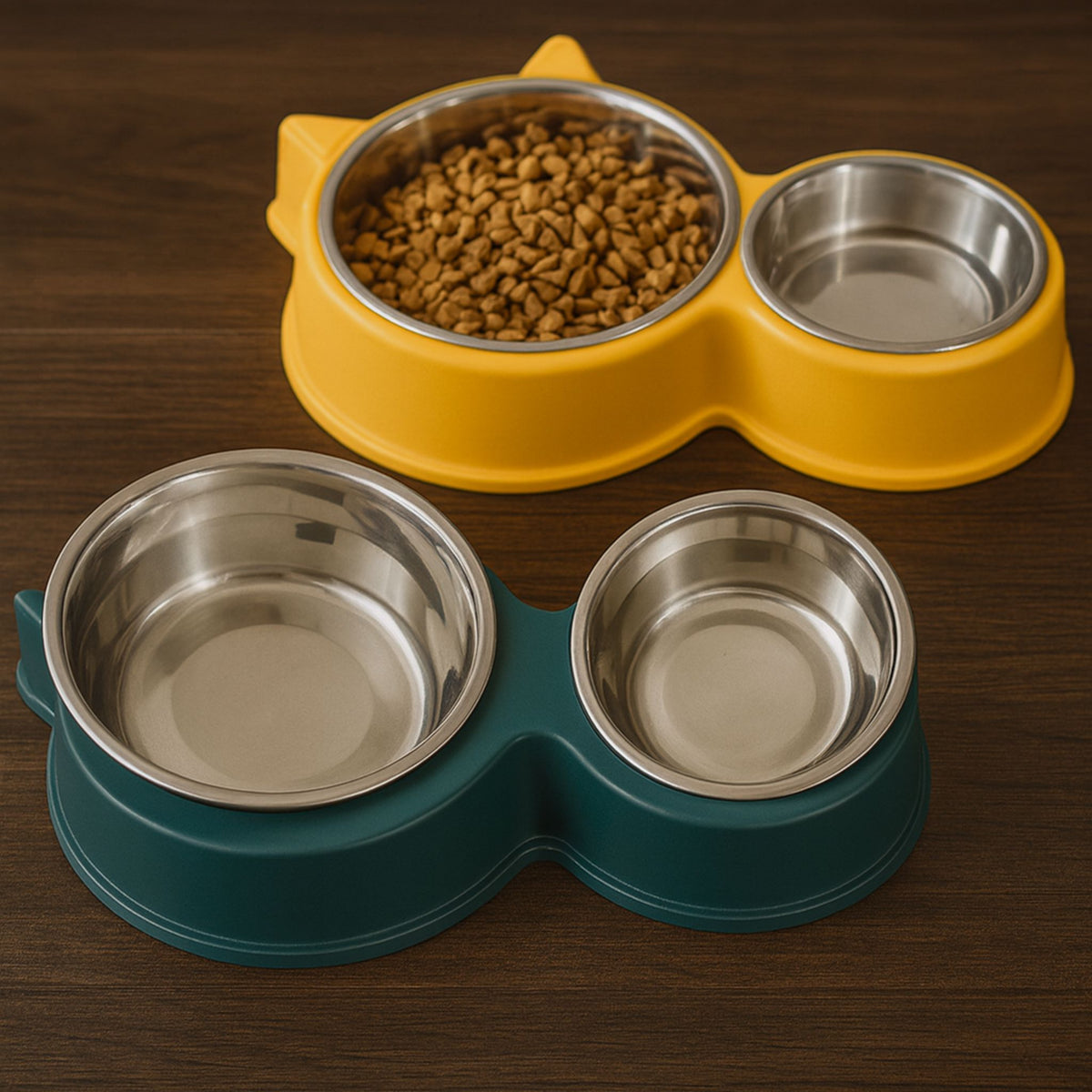 Double Cat-Ear Pet Bowl – Plastic & Stainless Steel